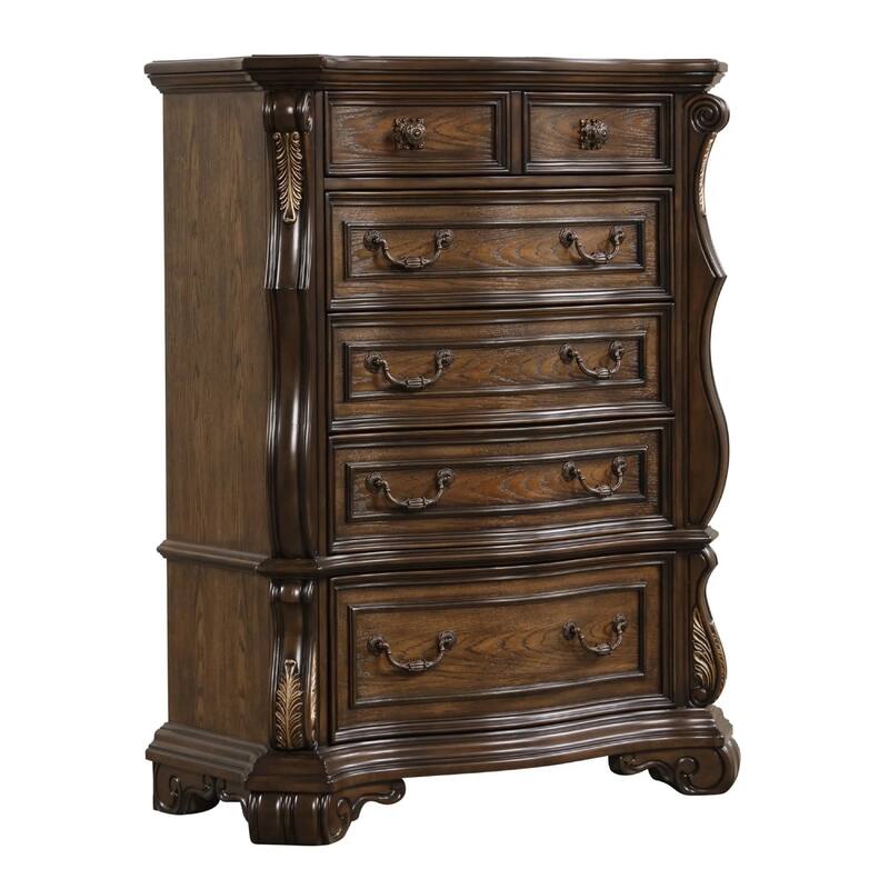 Leova Tall Dresser Chest, 6 Drawers w Ornate Molding, Brown Asian Hardwood