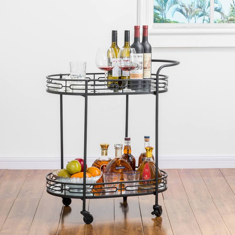 Silver Orchid Marsh Oval Mirrored Glass Top New Bar Cart with wheels