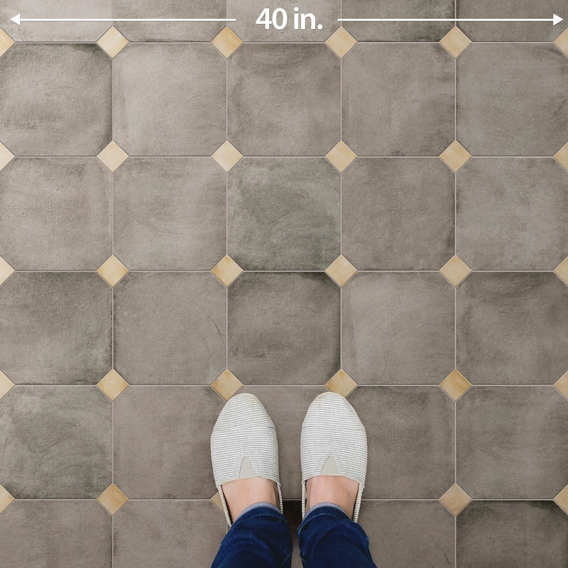 Merola Tile Laverton Octagon Grafito with Taco Beige 7-7/8" x 7-7/8" Porcelain Floor and Wall Tile
