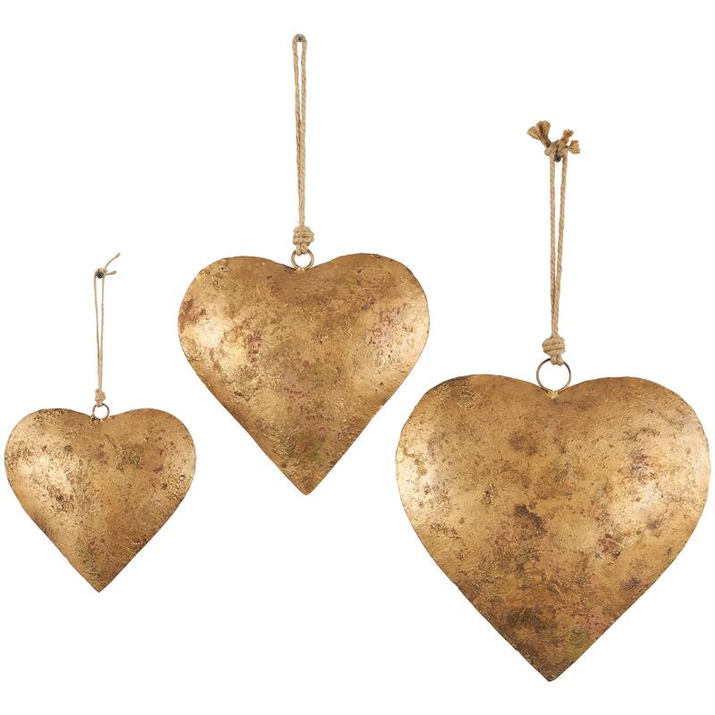 Gold, Red or Gray Metal Heart Decorative Bell with Hanging Rope (Set of 3)