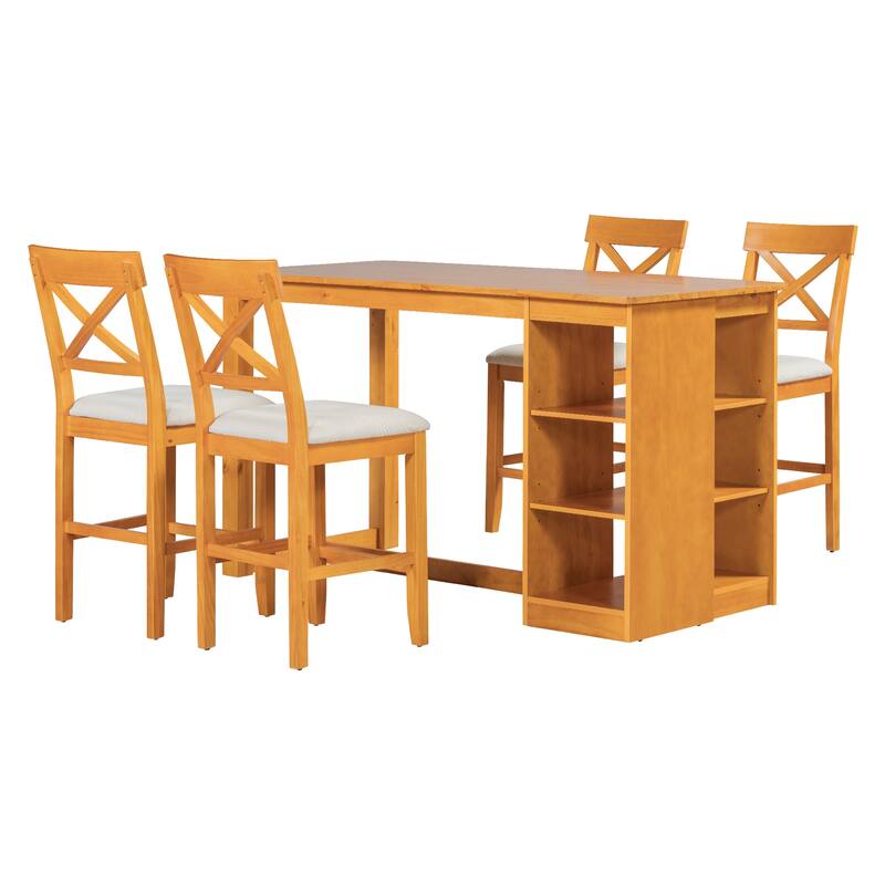 60"x30" Solid Wood Farmhouse 5-Piece Dining Set with Storage Shelves & Counter-Height Table, 4 Upholstered Chairs
