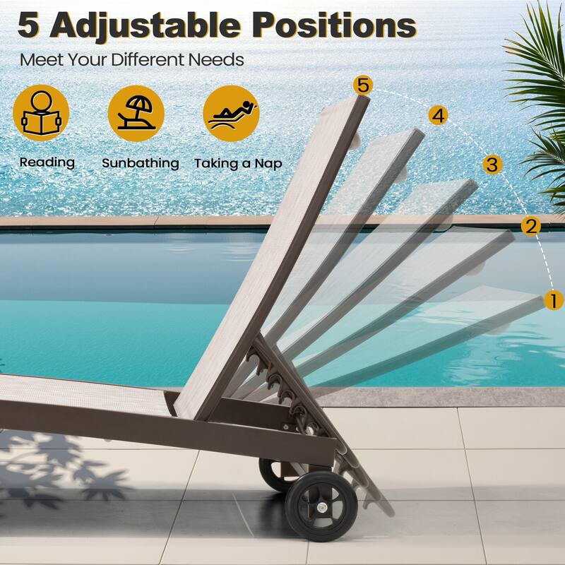 Outdoor Patio Aluminum 5-Position Adjustable Chaise lounge Chairs with Wheels