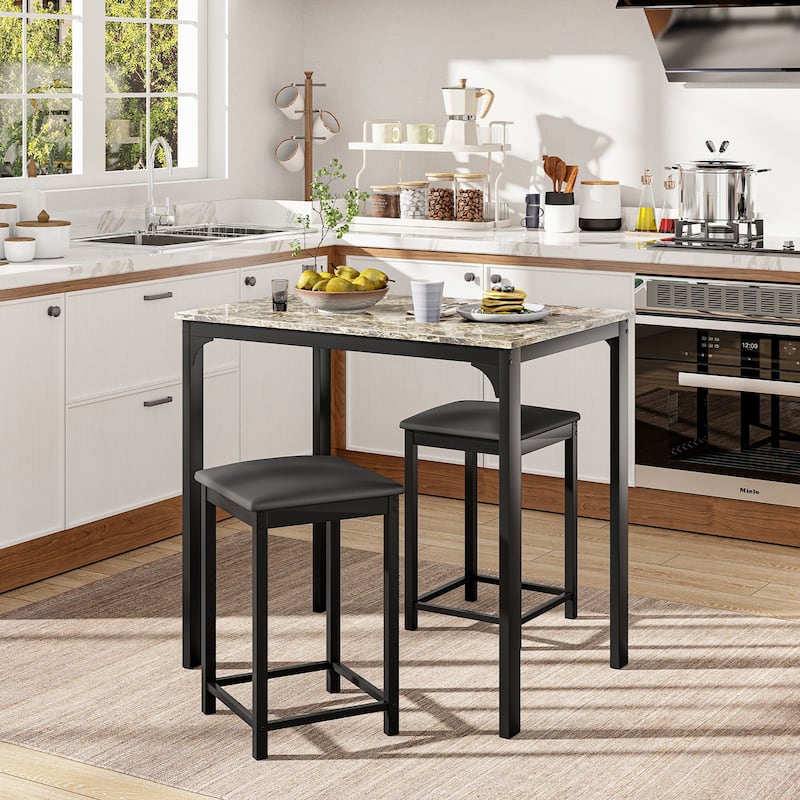 Gymax 3 PCS Counter Height Dining Set Faux Marble Table & 2 Chairs