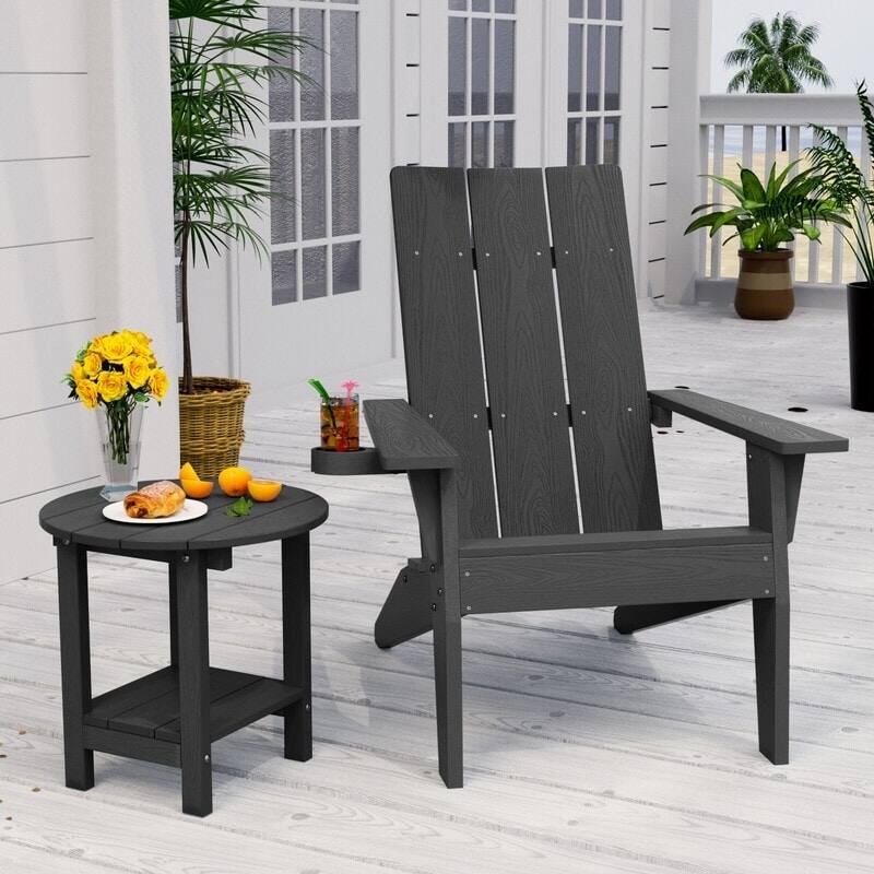 WINSOON 2-Piece All Weather HIPS Outdoor Adirondack Cup Holder Chair and Table set - Black
