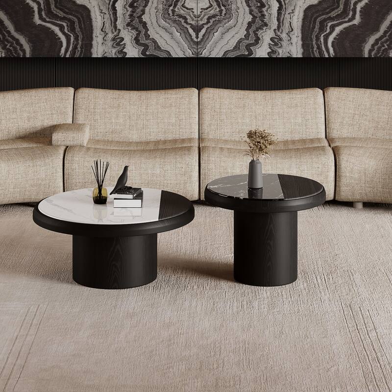 31.5" Modern Round Coffee Table,Set of 2, Black Solid Wood Texture, Faux Marble Table top