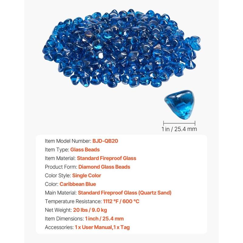 Caribbean Blue Fireproof Diamond Fire Glass Beads 1 Inch Heat Resistant - 1 inch