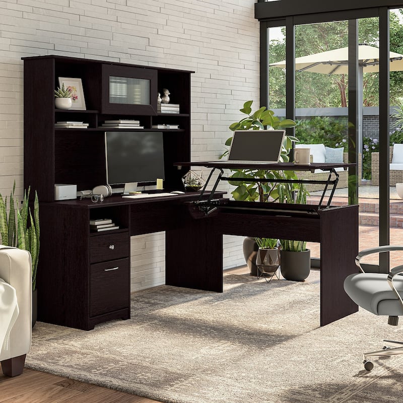 60W 3-position L-shaped Sit to Stand Desk with Hutch by Bush Furniture - Espresso Oak
