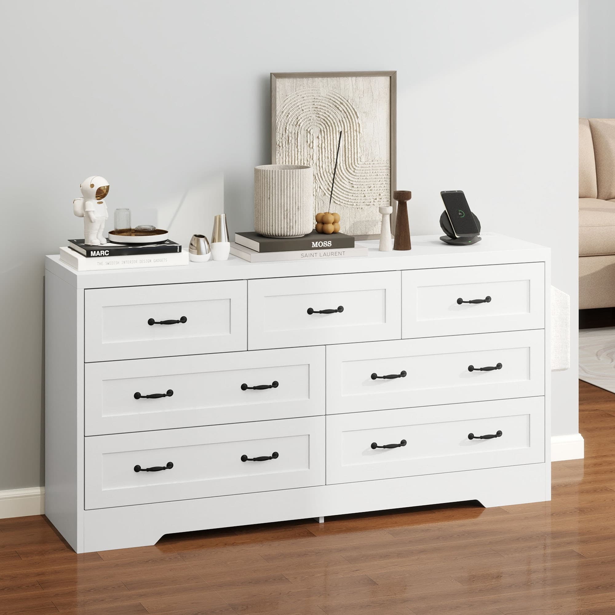 Moasis 7/6 Drawers White Dresser Chest of Drawers With Charger Station &  Side Organizer Bag - Bed Bath & Beyond - 41324028