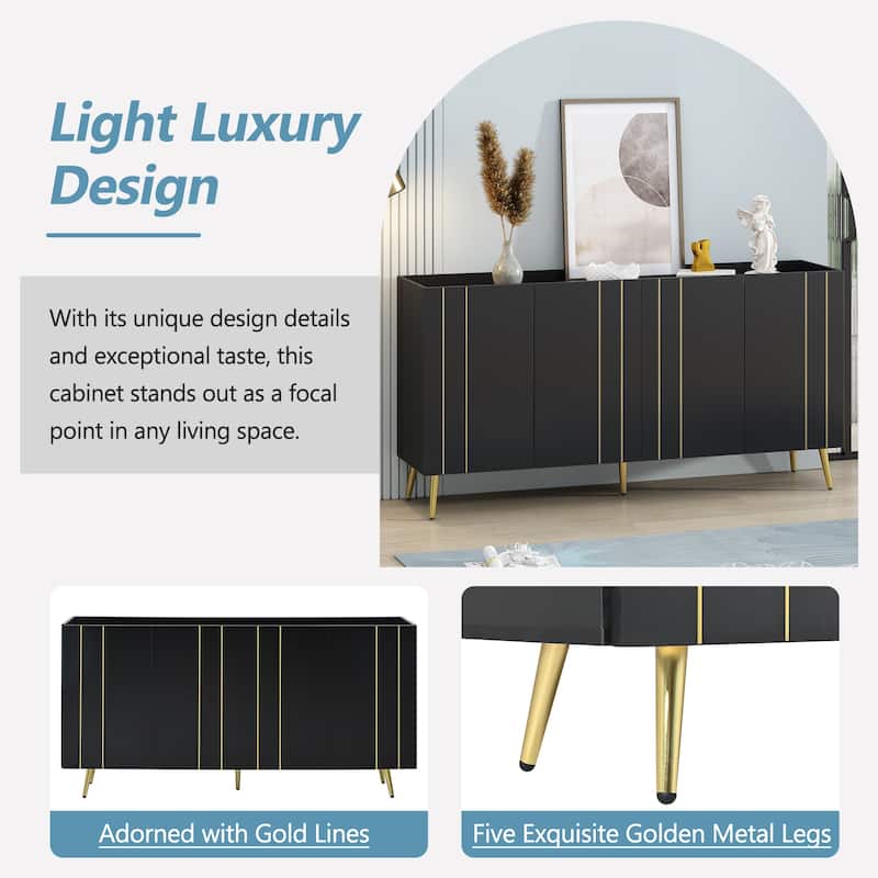 Black 62.9" TV Stand Cabinet with 5 Metal Legs, 4 Adjustable Shelves and Gold Lines Doors for TVs Up to 70"