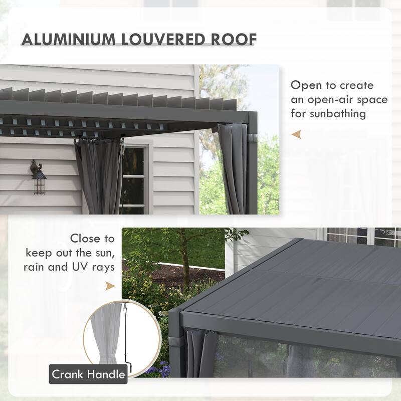 Outsunny 13' x 10' Outdoor Retractable Pergola with Sun Shade Aluminum Louvered Top, Pergola with Canopy, Curtains, and Netting