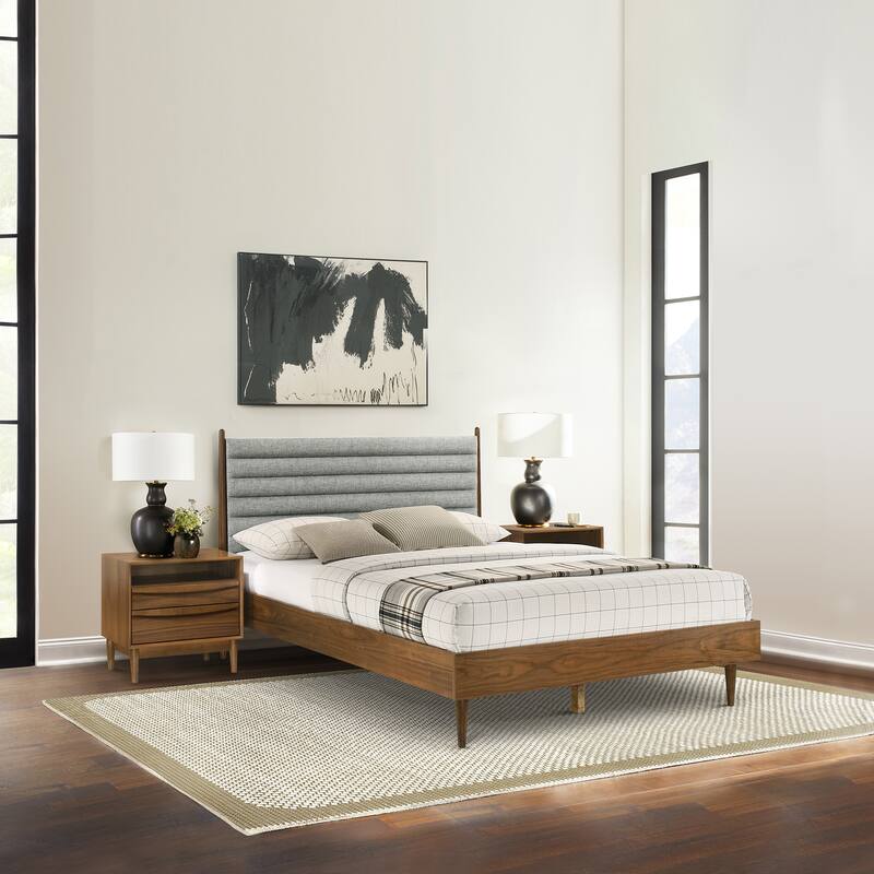 Artemio Black or Walnut Wood 3 Piece Bedroom Set with Grey Upholstered Headboard - Walnut - Queen