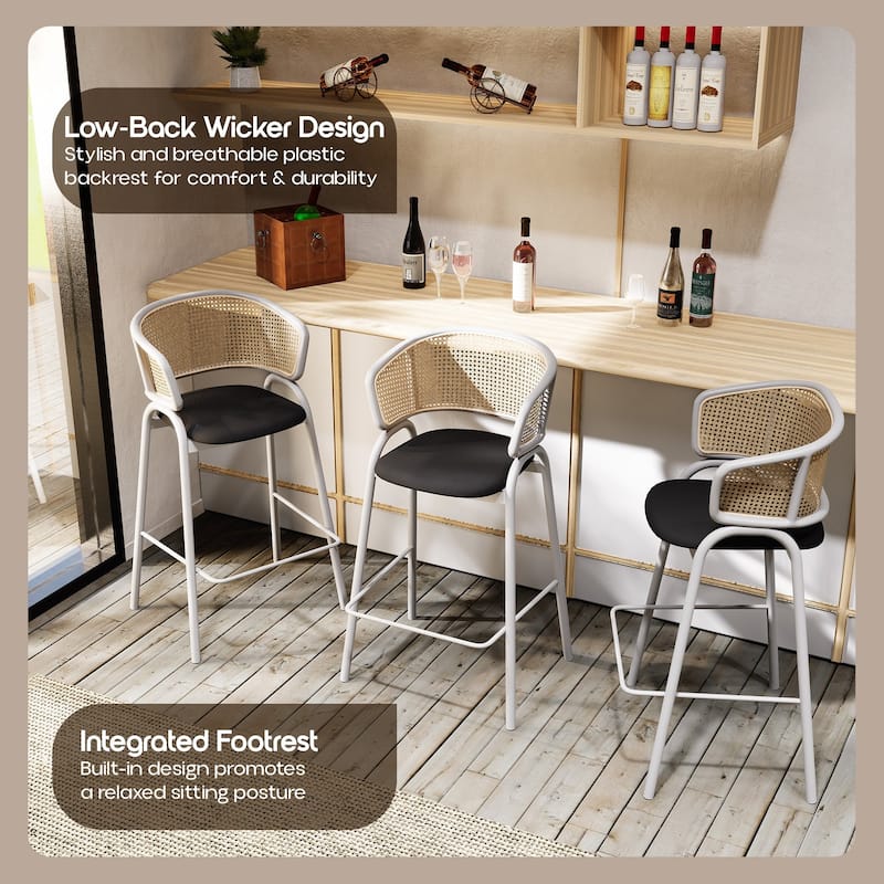 LeisureMod Ervilla Modern Wicker Leather Bar Stool with Curved Back & White Stainless Steel Frame for Home & Kitchen