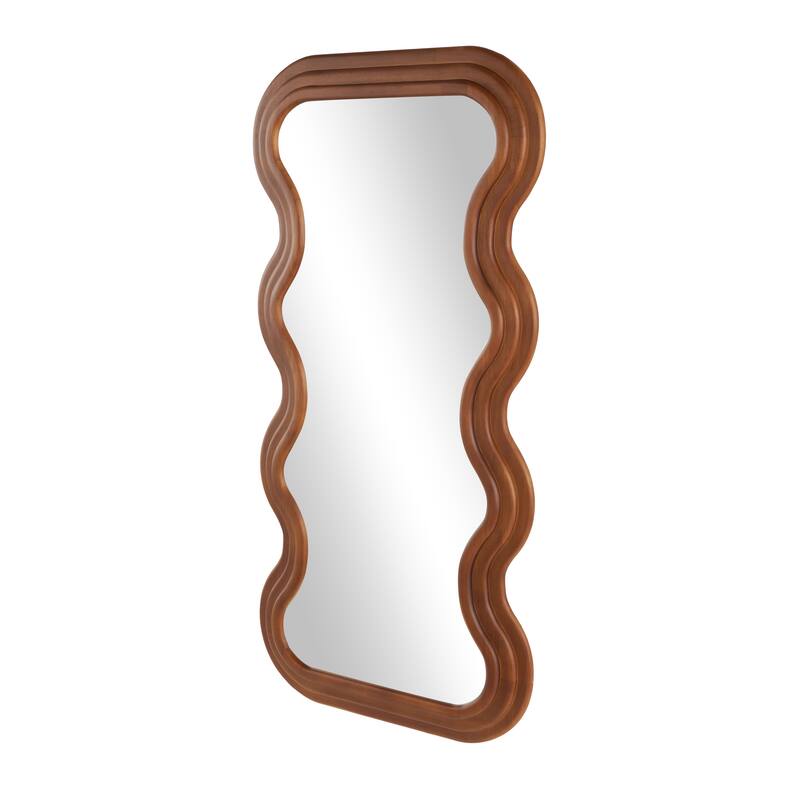 Brown Wood Wavy Room Wall Mirror with Dimensional Carved Frame