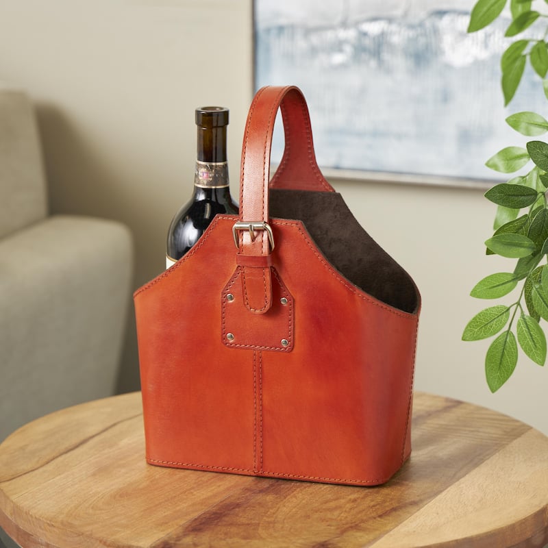 Leather Handmade 2 Bottle Wine Holder with Carrying Handle - Brown - Roche River Decor