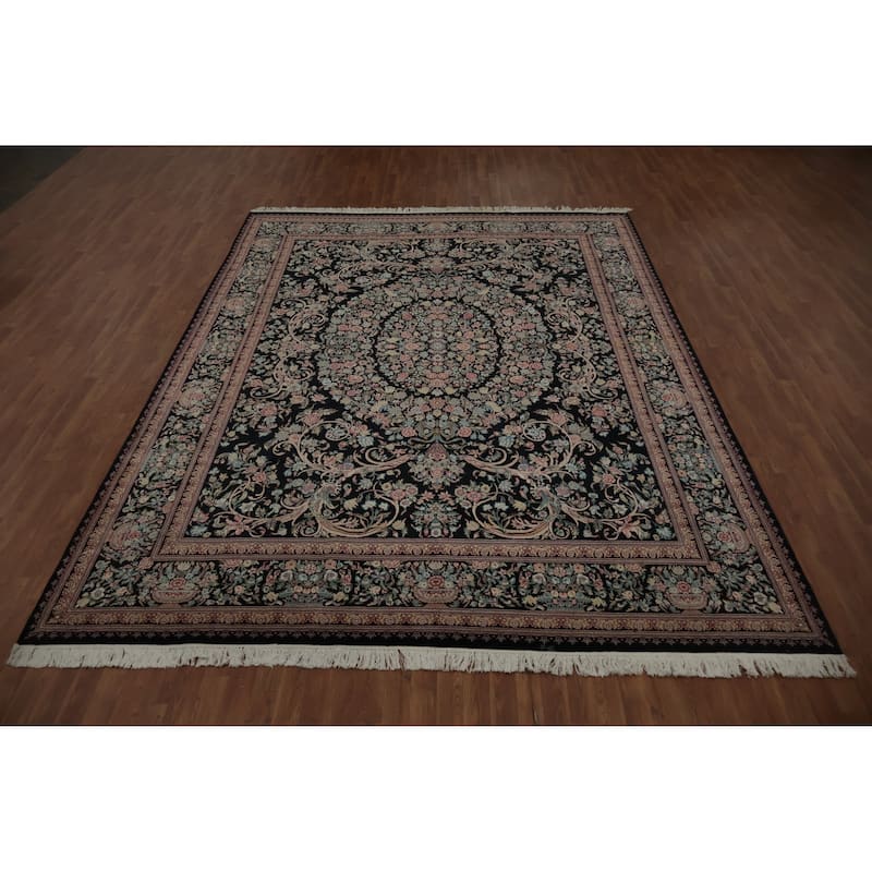 Hand Knotted Oriental 100% Wool Carpet Traditional Floral Black Aubusson Area Rug - 12' 4'' X 9' 0''
