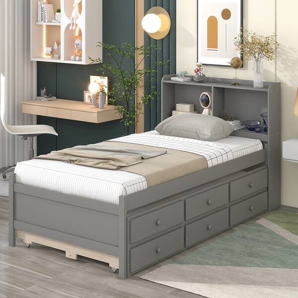 slide 2 of 25, Twin Pine Platform Bed with Storage Headboard, Trundle, and Drawers Grey