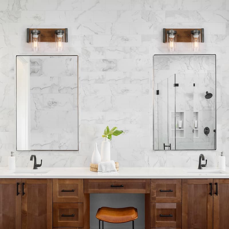 Farmhouse Rustic 2-light Pinewood Glass Bathroom Vanity Light Sconce - L 14"x W 5"x H 8.5"