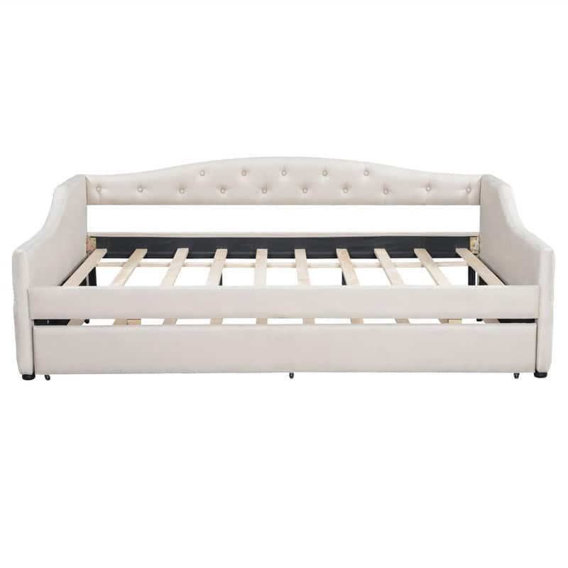 Full XL Size Daybed with LED Belt and Trundle, Upholstered Daybed Frame Sofa Bed with Button Tufted Design and Slats Support