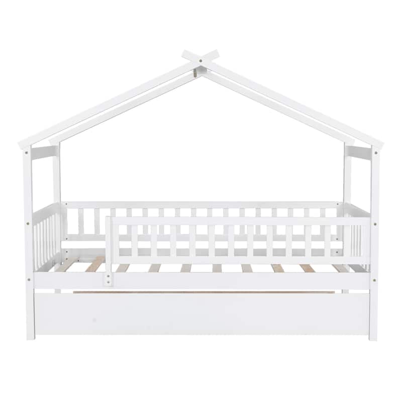 Wooden Twin/Full House Bed with Trundle and Headboard, Sky Roof Design, Durable Pine Wood