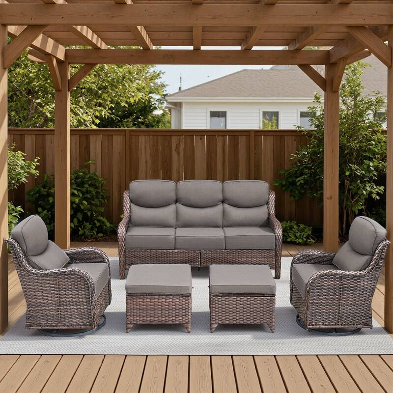 Arcadia 5-Piece Wicker Patio Conversation Set with Swivel Gliders and 6-Inch Thick Olefin Cushions - Gray Cushions - Brown Wicker
