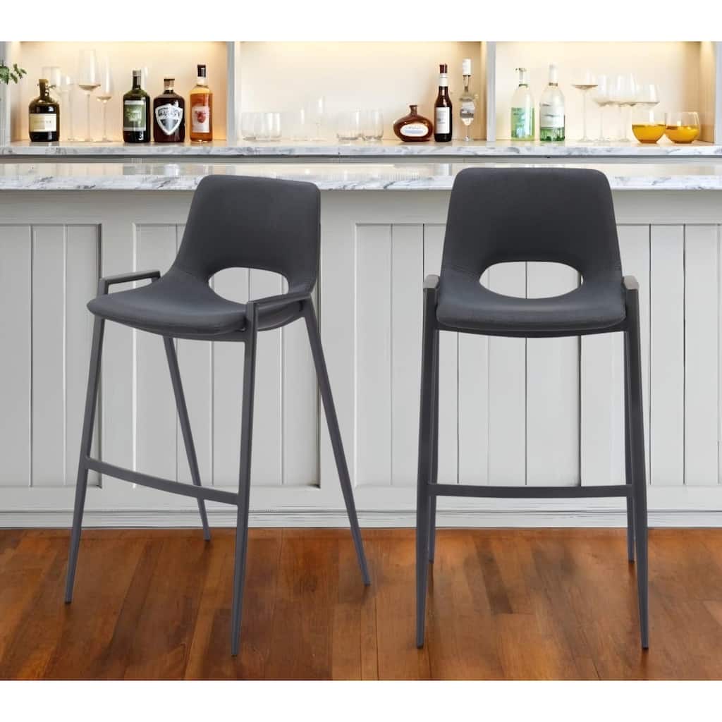 Set of Two 30" Black Faux Leather And Steel Low Back Bar Height Bar Chairs