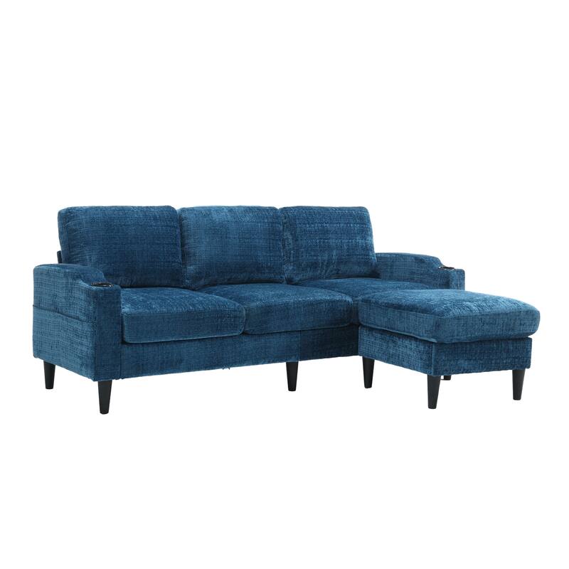 Modular Sectional Sofa with Storage Ottoman, Comfy Chenille Fabric Sofa, 3-Seater Sofa with Side Pockets & 2 Cup Holders