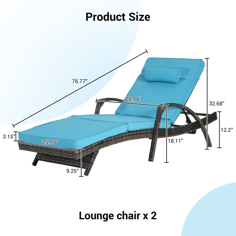 Outdoor Wicker Long Reclining Chair Set of 2, Lawn Sunbathing Chairs for Beach Poolside Garden