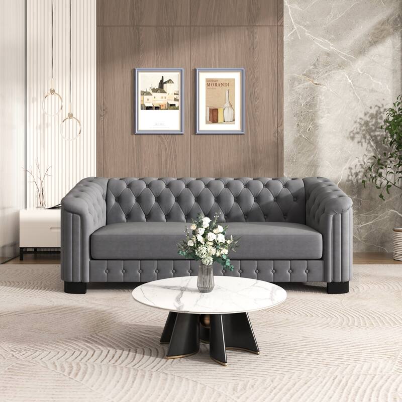 Roomfitters 82.4" Mid Century Modern Velvet Sofa Couch with Rubber Wood Legs and Thick Removable Seat Cushion, 3-Seater - Grey
