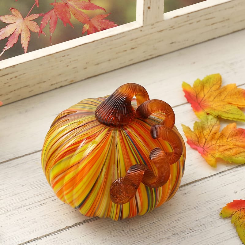 Glitzhome Fall Harvest Multi Striped Handblown Glass Pumpkins Thanksgiving Table Accent