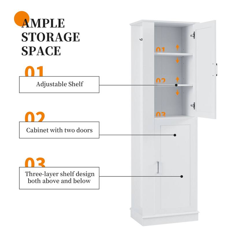 Tall Bathroom Storage Cabinet with Two Towel Hooks Adjustable Shelves and Left or Right-handed Opening Door