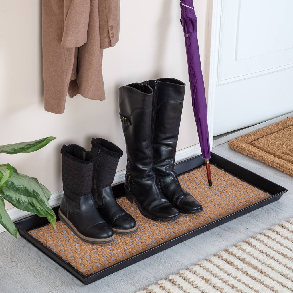 Jani Black Metal Boot Tray with Tan & Blue Coir Insert
