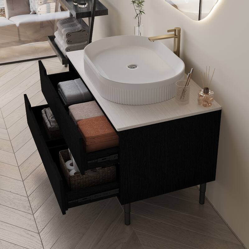 GDFStudio - Luxury 36" Floating/Freestanding Sintered Stone Bathroom Vanity with Ceramic Vessel Sink & Soft-Close Drawers