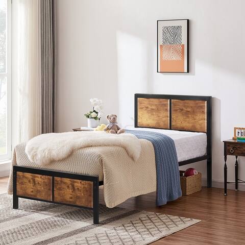 VECELO Platform Bed Frame with Wood Headboard ,Rustic Brown