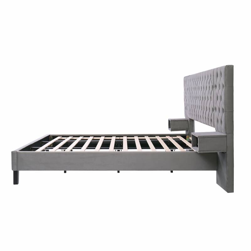 Modern King Platform Bed with Velvet Headboard & 2 Nightstands, Luxurious Diamond Tufted Upholstery