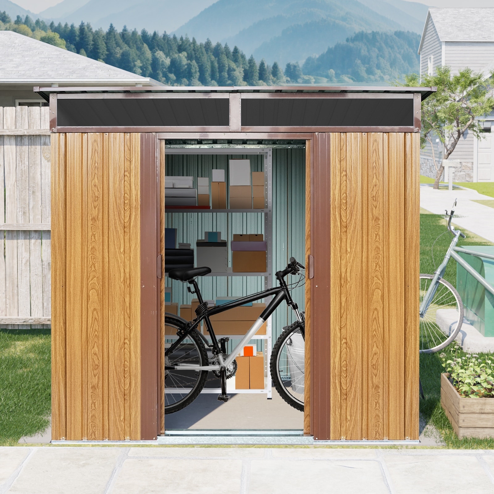 Rustproof Galvanized Steel Storage Shed Garden Shed with Sliding Lockable Doors & Tilted Roof Waterproof Tool Shed