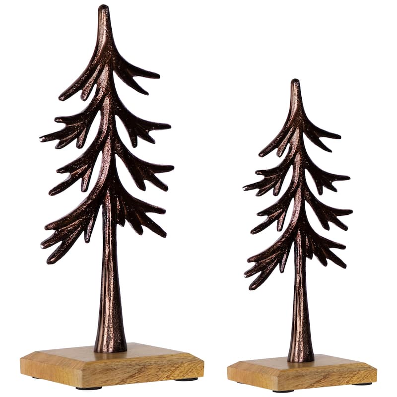 Trees on Wood Base Metal Christmas Decorations - 11.5" - Bronze - Set of 2 - 11"