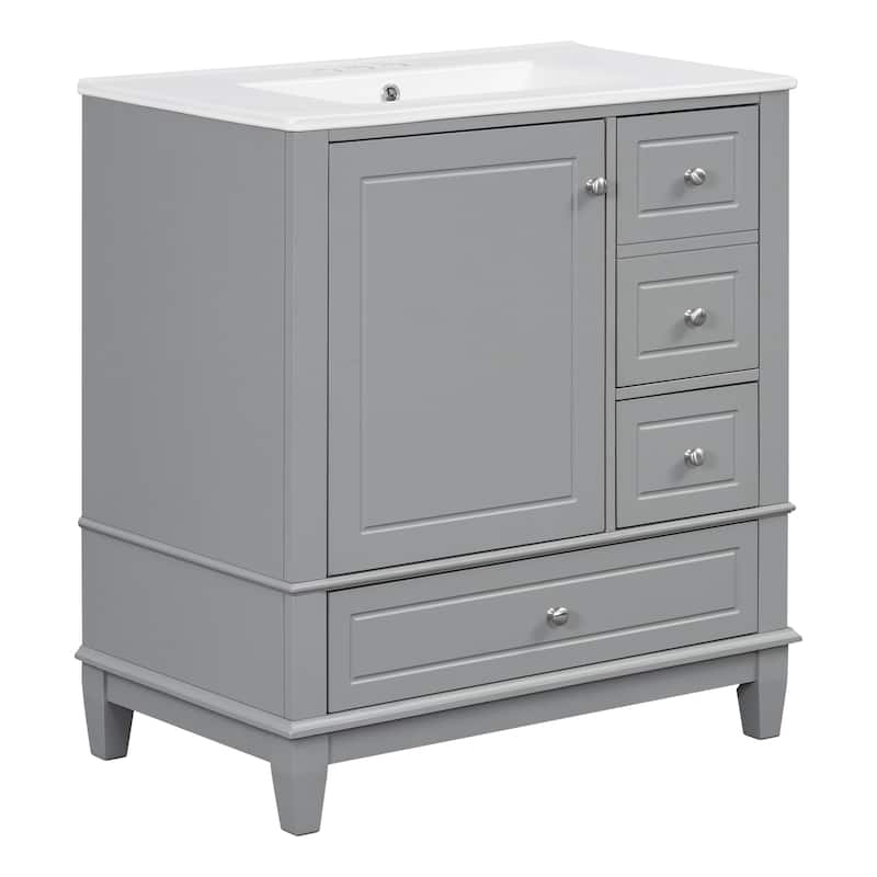 30" Bathroom Vanity with Sink, One Door with Shelf and Three Drawers, Soft Close Door, Grey
