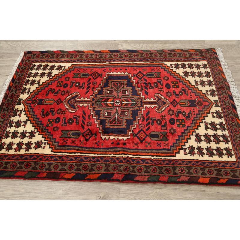 Geometric Persian Hamedan Traditional Area Rug Wool Handmade Carpet - 3'3" x 4'10"