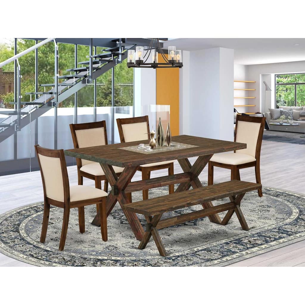 HomeStock 6-Piece Rectangle Distressed Jacobean Finish Solid Wood Top Dining Table with 1-Bench, 4-Chairs