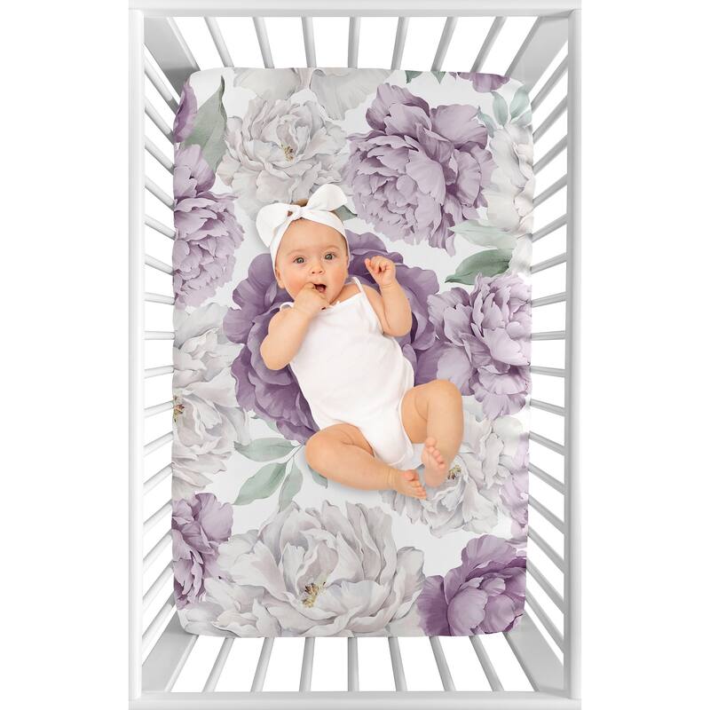 Sweet Jojo Designs Lavender Purple Boho Shabby Chic Floral Girl Fitted Mini Portable Crib Sheet Bohemian Vintage Watercolor