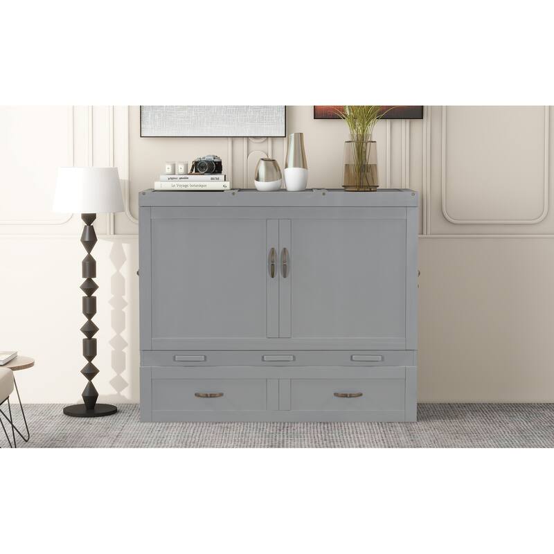 Full Size Space-Saving Design Murphy Bed with USB Ports, Large Drawers and Metal Handles