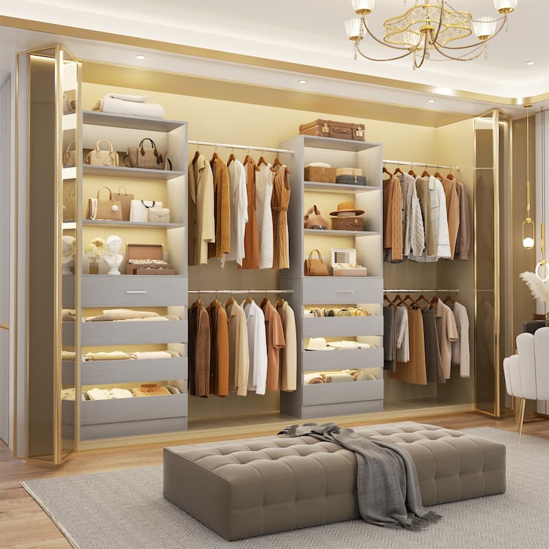 Qvella 95''-136'' W Closet System with 8 Wooden Drawers and 4 Hanging Rods, Walk-in Closet Organizer with 6 Storage Shelves