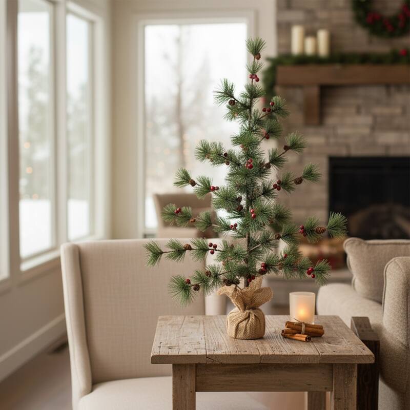 35.25" Winter Berry Pine Tree Pine Cones in Jute Base Christmas Decor - 3 Foot