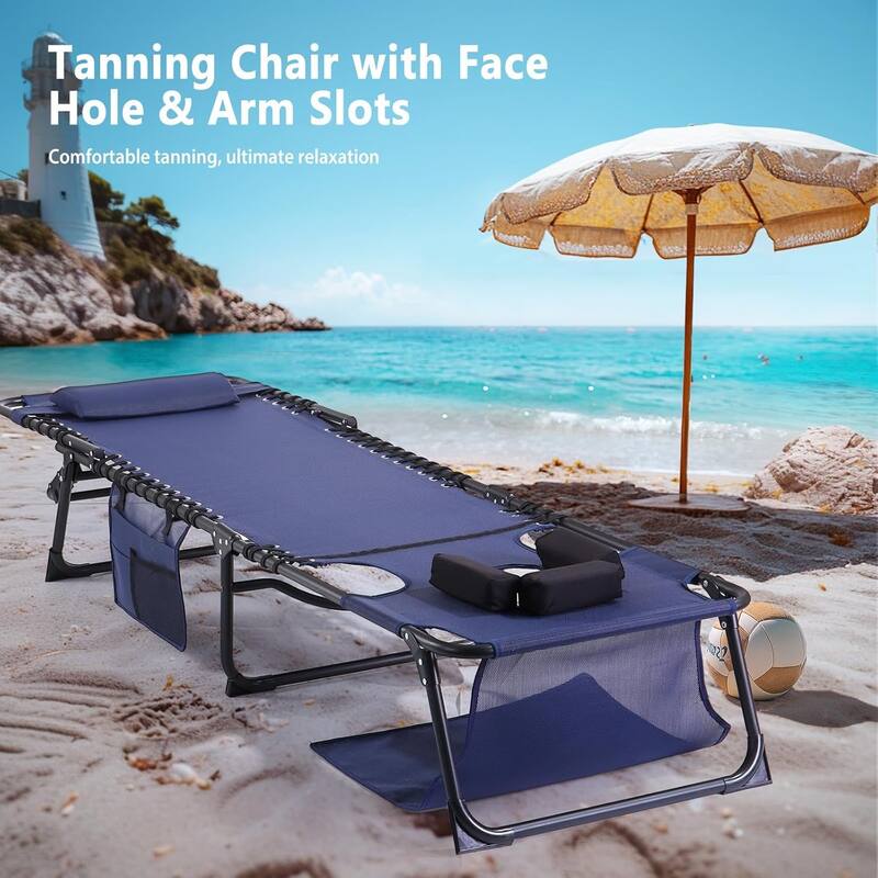 Outdoor Lounge Chairs Set of 2, Teslin Folding Tanning Chair with 5-Position Reclining Back