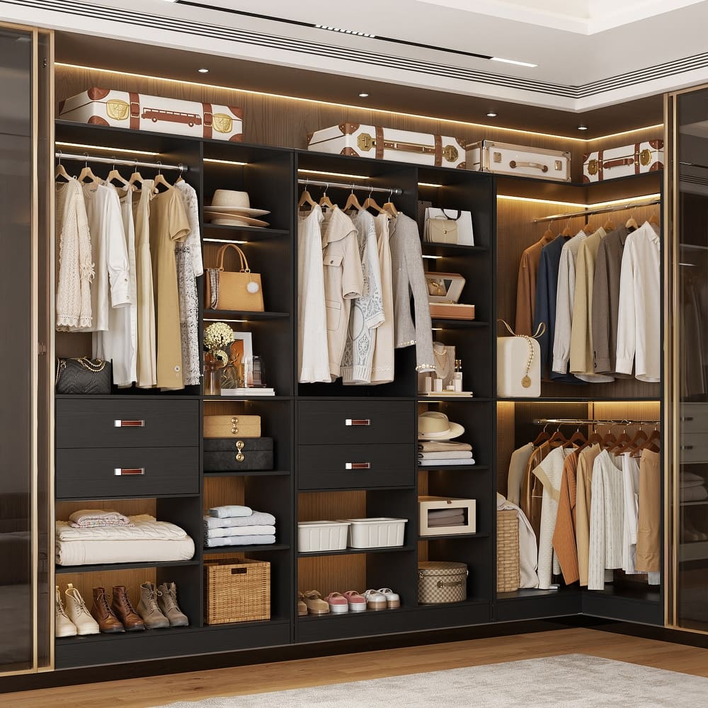 Set of 3 110'' Wide Corner Closet System with Tower Shelves, Closet Organizer with Drawers and Hanging Rods