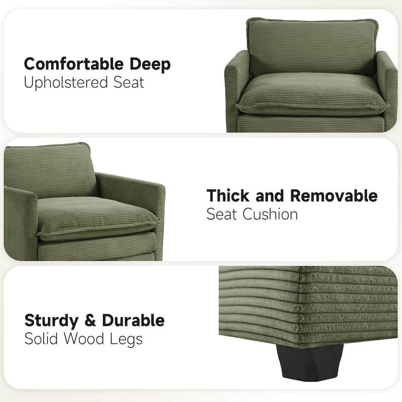 Oversized Corduroy Armchair with Plush Cushions and Movable Ottoman