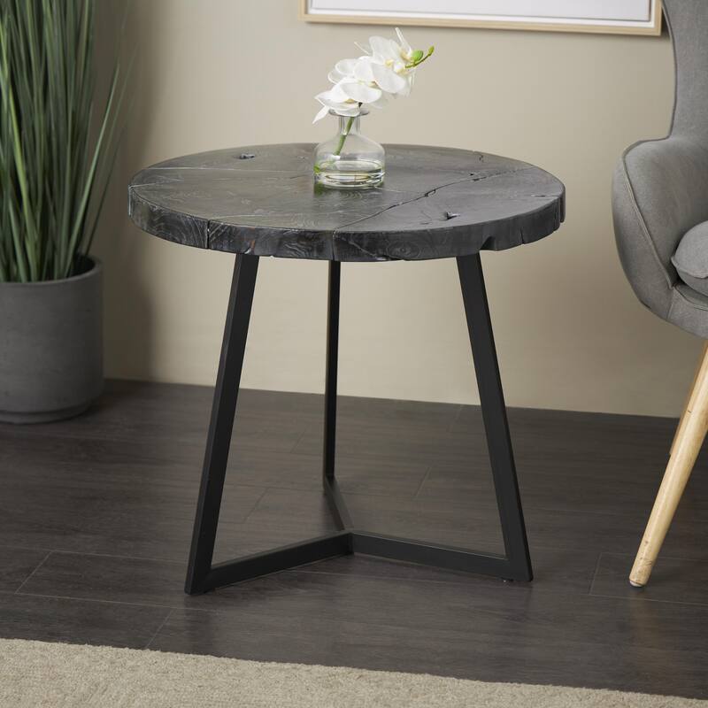 Teak Wood Geometric Handmade Live Edge Living Room Coffee Table with Black Metal Base - Black - Roche River Decor