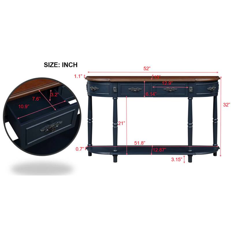 Anmytek Retro Curved Wood Console Table, Navy Blue Wood Top Solid Wood Entry Table with Open Shelf and 2 Drawers