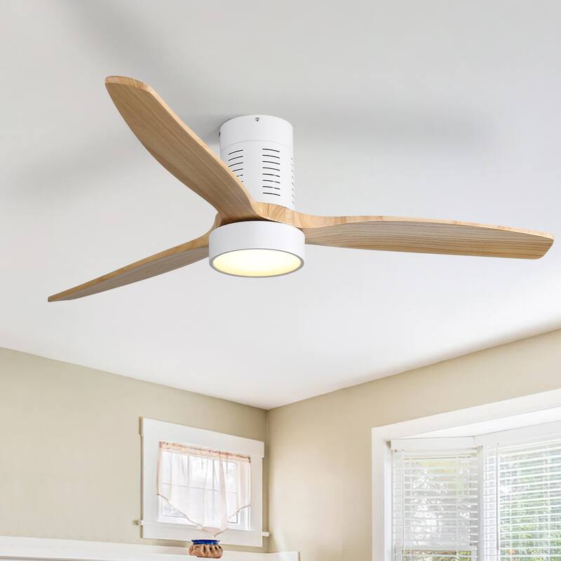 52 Inch Flush Mount Wood Blades White Ceiling Fan Reverse Airflow,6 Wind Speed,Remote Control
