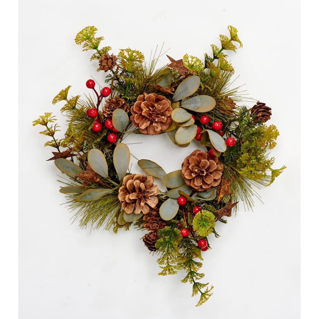 14" Rusted Star Pine Cone & Bery Candle Ring - 14